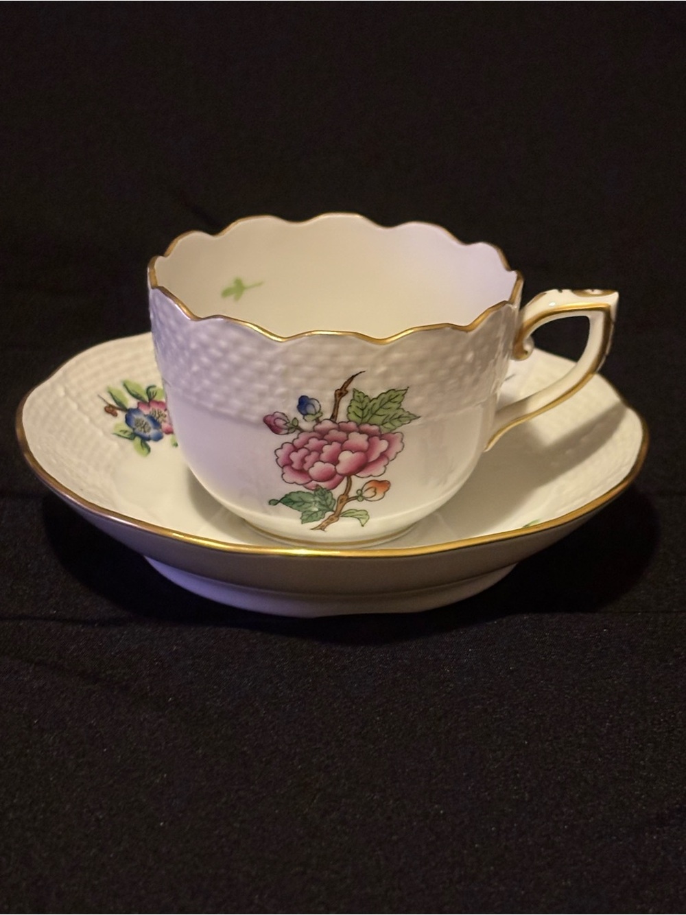 Vintage Herend ETON Demitasse Porcelain Teacup and Saucer. Pink Floral Pattern
